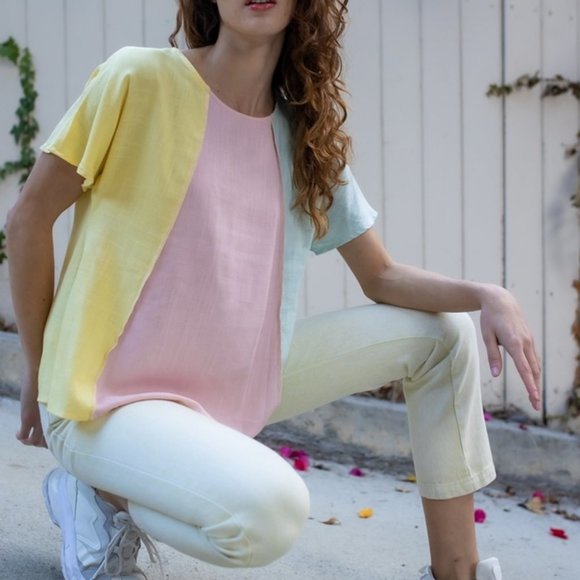 Yellow Pink & Mint Linen Blend Colorblock Short Sleeve Top - Picture 3 of 4